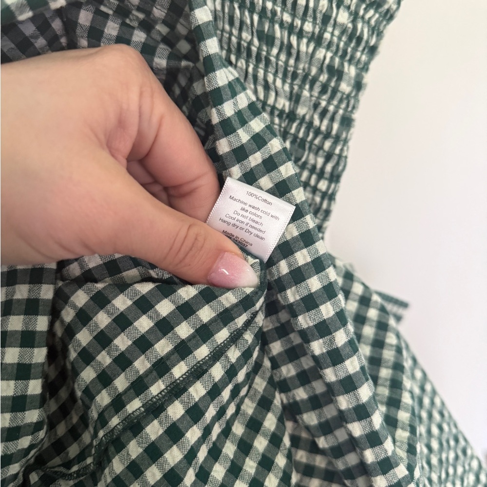 Hunter Bell Larissa Green White Gingham Midi Dress Smocked embroidered tie - Picture 7 of 8